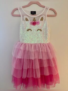lilt Pink and White Unicorn Sequin Tulle Dress